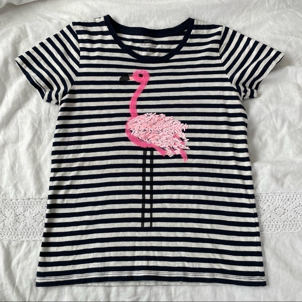 J. Crew Flamingo Collector Tee SMALL Navy Blue & White Striped Bird Sequins